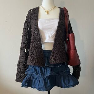 thick dark brown crochet hole knit fall cardigan🌟
